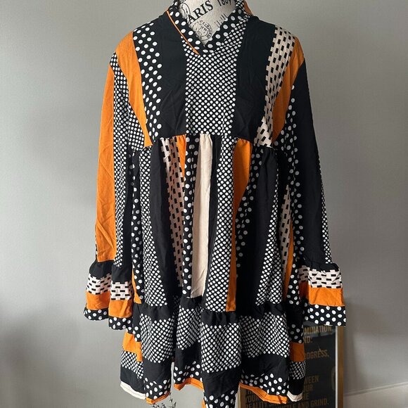 SHEIN Women's Colorblock Polka Dot Tunic Dress Size L  Bold Black White & Orange - Picture 1 of 3